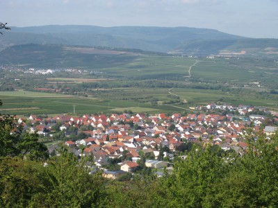 Blick auf Ockenheim und die Weinberge Richtung Bingen; sogar die Hügel des Taunus oben und vom Hunsrück oben links sind noch zu erkennen.